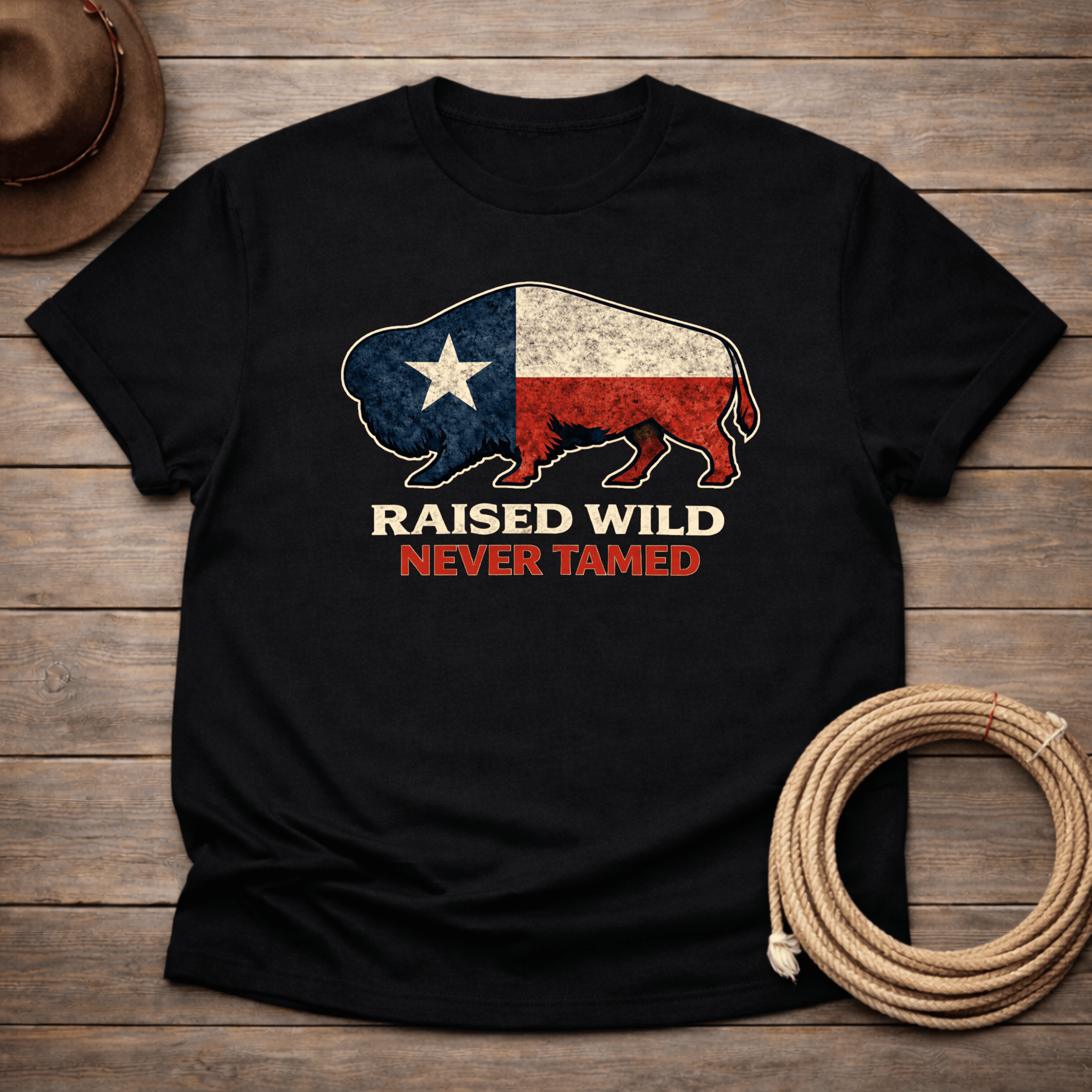 Raised Wild Buffalo Texas Flag T-shirt