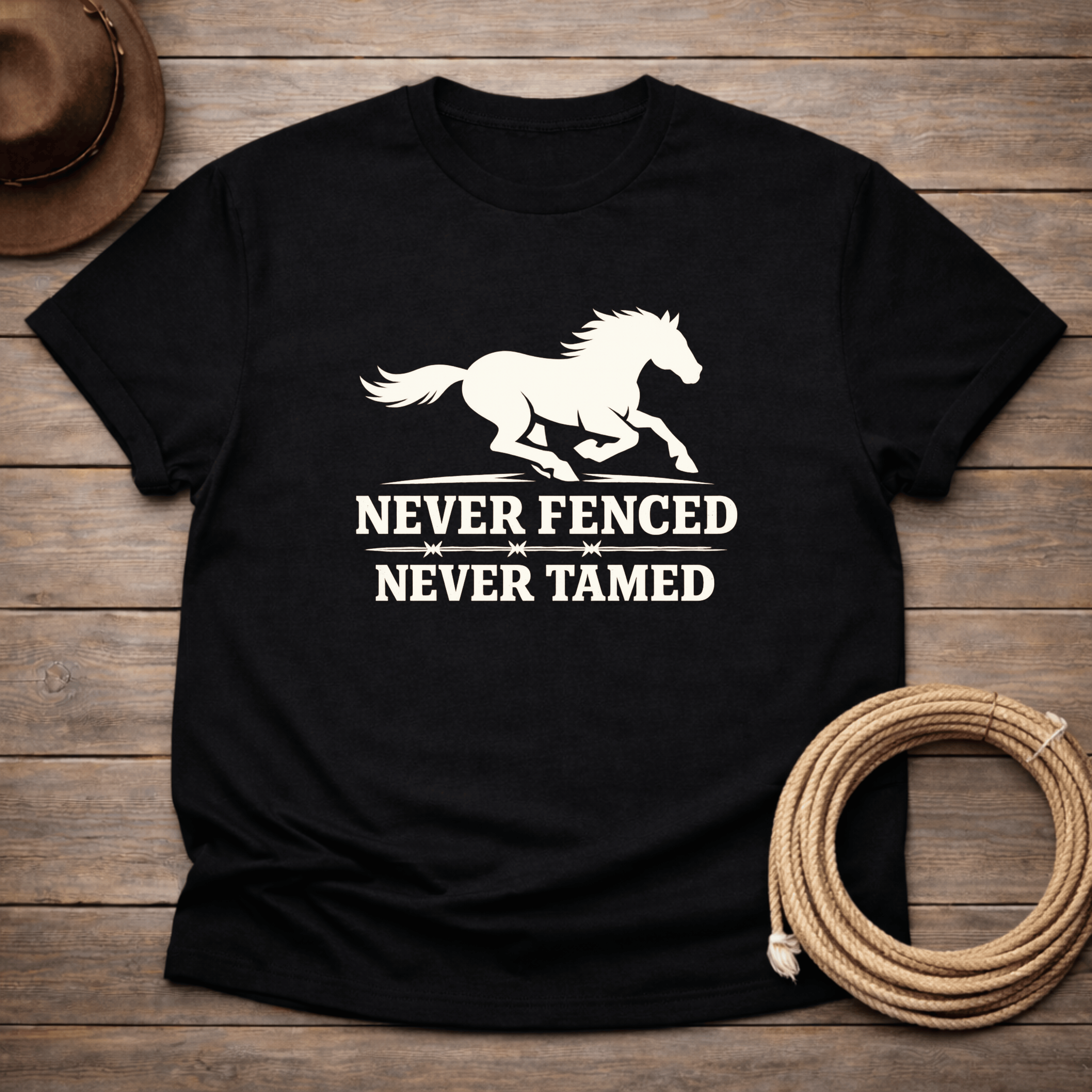 Never Fenced Never Tamed Mustang t-shirt