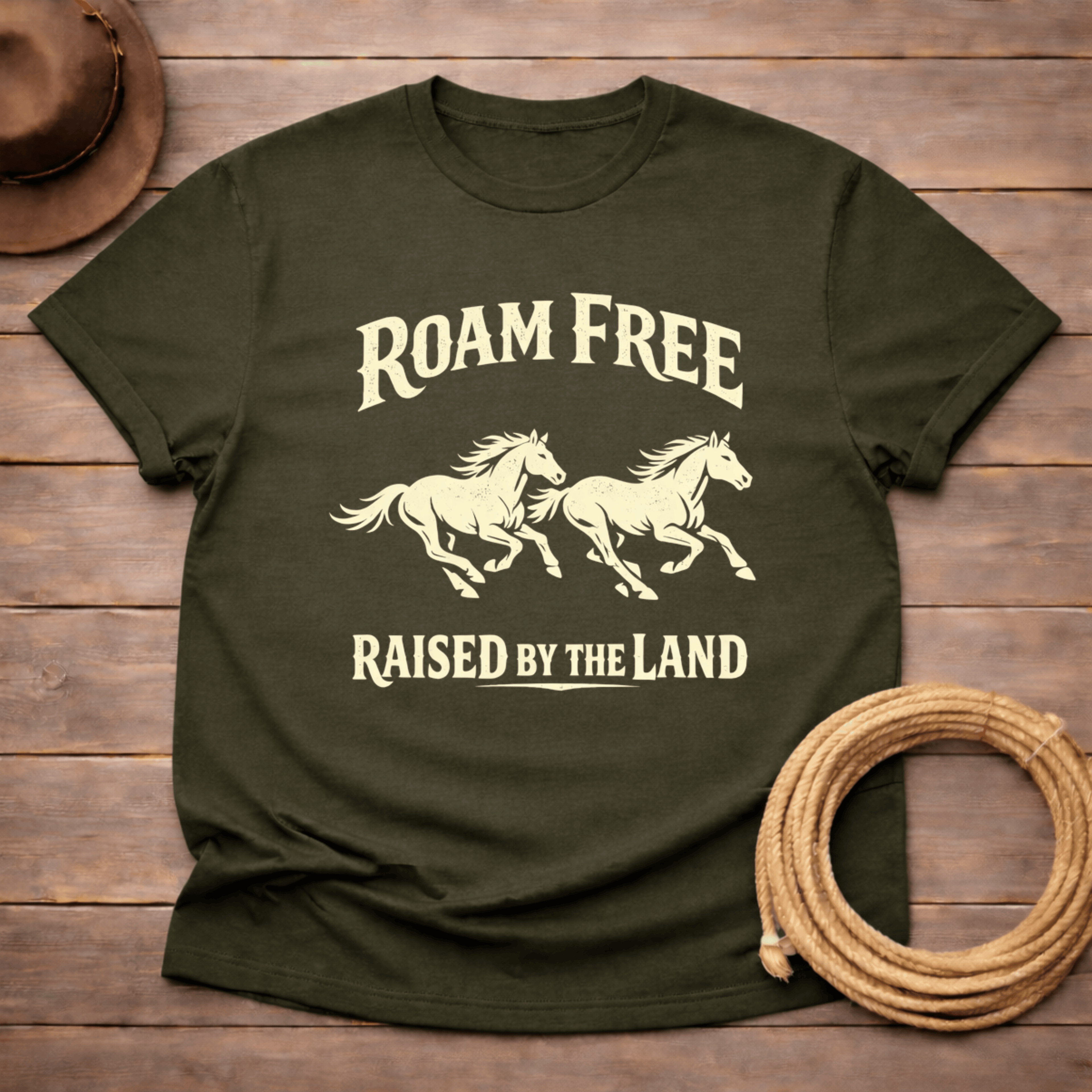 Roam Free Raised by the Land Mustang T-shirt