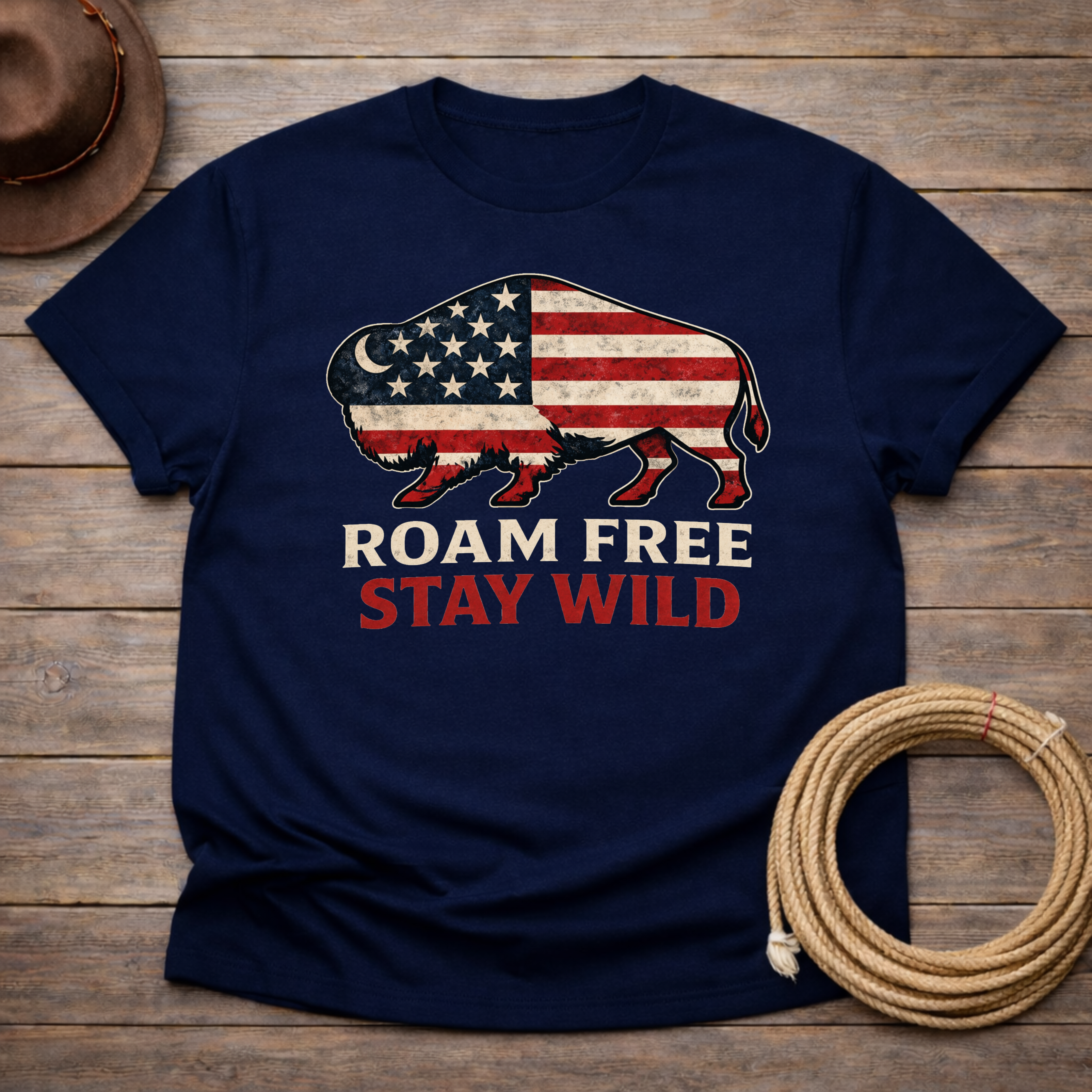 Roam Free Stay Wild Buffalo Flag T-shirt