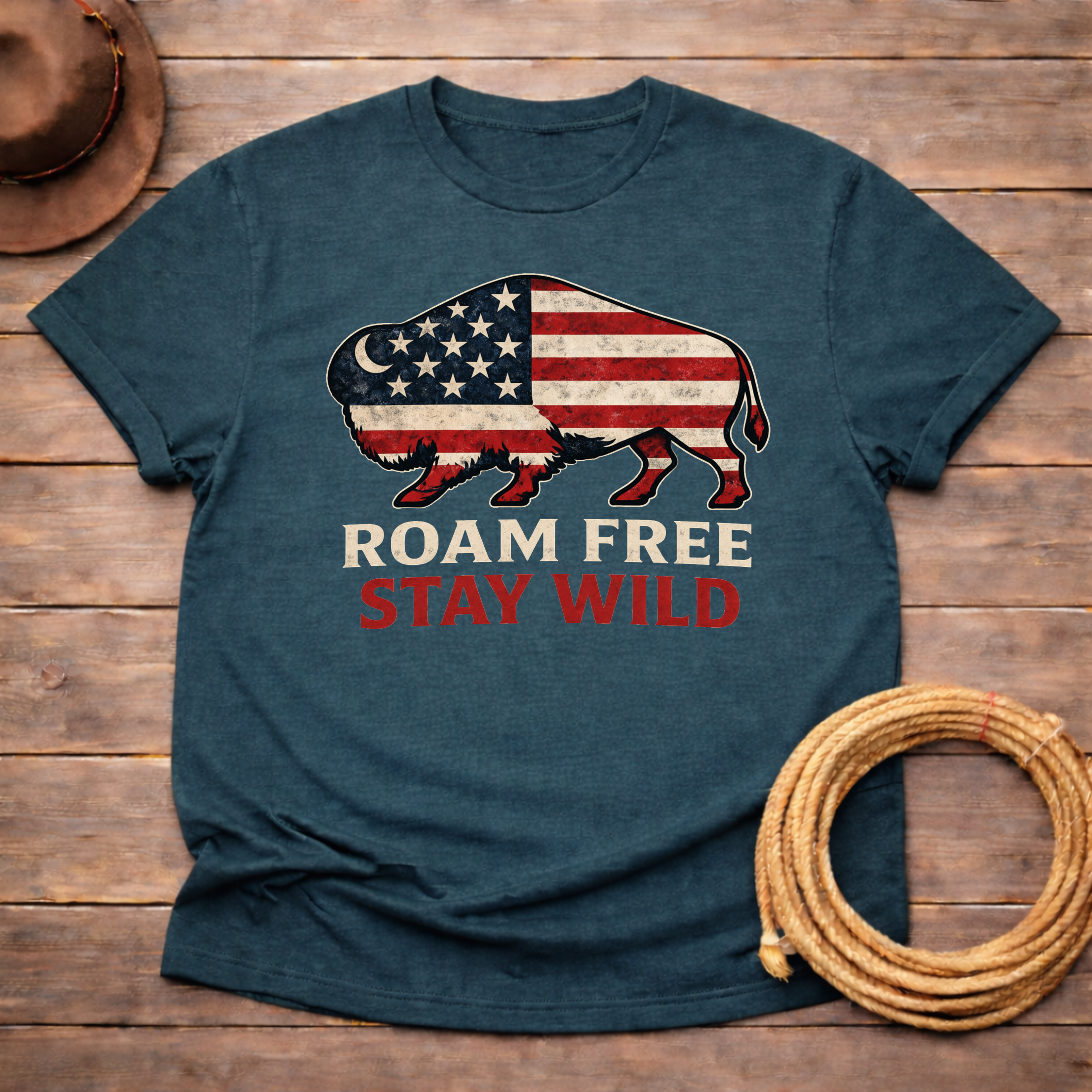 Roam Free Stay Wild Buffalo Flag T-shirt